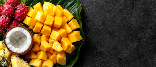 Fresh Tropical Fruit Platter with Coconut Halves, Mango, and Dragon Fruit on Banana Leaf
