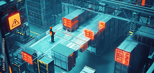 Supply chain security risks warehouse digital security industrial environment aerial view risk management