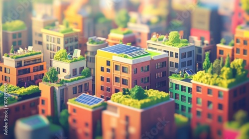 Miniature city with solar panels and green moss.