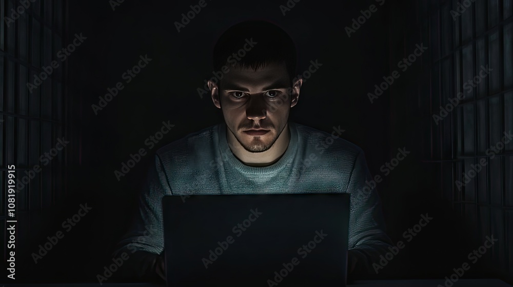 A focused young Hispanic man working on a laptop in a dimly lit room, creating an intense, suspenseful atmosphere.