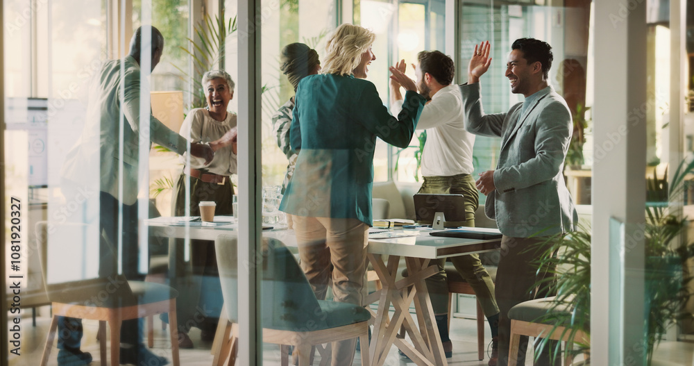 Business people, high five or happy in meeting for success, campaign approval or celebration in office. Collaboration, employees or excited in workplace with hand gesture, support or goal achievement Business people, high five or happy in meeting for success, campaign approval or celebration in office. Collaboration, employees or excited in workplace with hand gesture, support or goal achievement