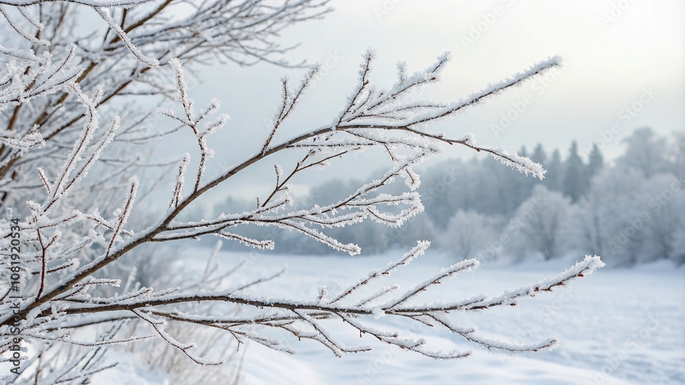 Panoramic View of Close-Up Snow-Covered Branches on a Pure White Background Capturing the Beauty of Winter Nature and the Intricacies of Frosty Flora Panoramic View of Close-Up Snow-Covered Branches on a Pure White Background Capturing the Beauty of Winter Nature and the Intricacies of Frosty Flora