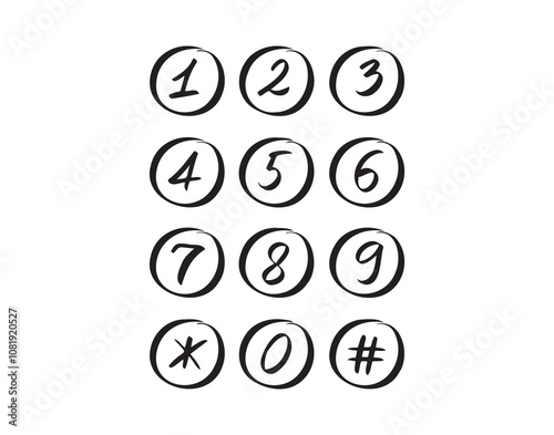 Scribble numbers in circle hand drawn font. Numbers doodle black isolated vector