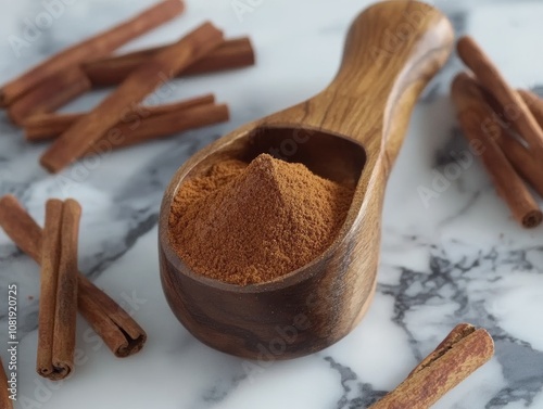 A wooden scoop filled with cinnamon powder, surrounded by cinnamon sticks - ai photo