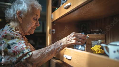 Elderly Woman Organizing Items in Wooden Cabinet