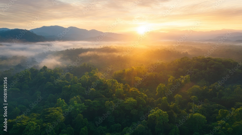 Aerial view of beautiful misty forest with sunrise in the morning. Aerial view of beautiful misty forest with sunrise in the morning.