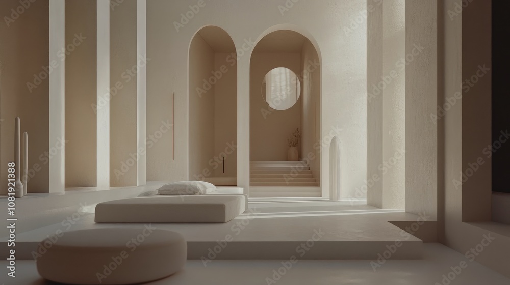 Serene Minimalist Interior Design Featuring Soft Textures and Natural Light in a Contemporary Space with Archways and Neutral Tones Serene Minimalist Interior Design Featuring Soft Textures and Natural Light in a Contemporary Space with Archways and Neutral Tones