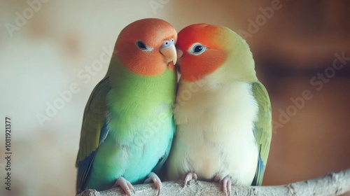 Two Colorful Lovebirds Nestled Together on a Branch, Showcasing Their Vibrant Feathers and Affectionate Behavior in a Soft, Natural Setting