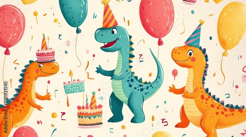 Cute Dinosaurs Celebrate Birthday with Cake and Balloons