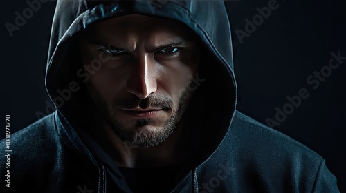 A brooding male with a serious expression, wearing a black hoodie, set against a dark background.