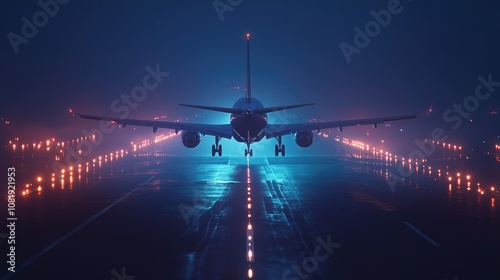 Dramatic Nighttime View of a Commercial Airplane on a Runway Surrounded by Vibrant Lights in a Misty Atmosphere with a Stunning Visual Depth Perspective