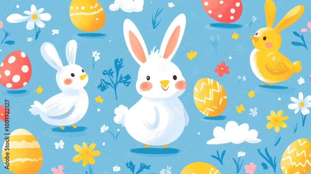 Obraz premium Cute Easter Bunny and Chick with Eggs Pattern