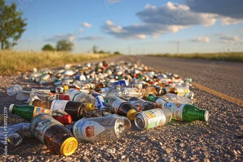 Discarded Plastic and Glass Bottles Littering a rural road under a sunny sky, highlighting the impact of waste on the environment and the need for recycling efforts photo