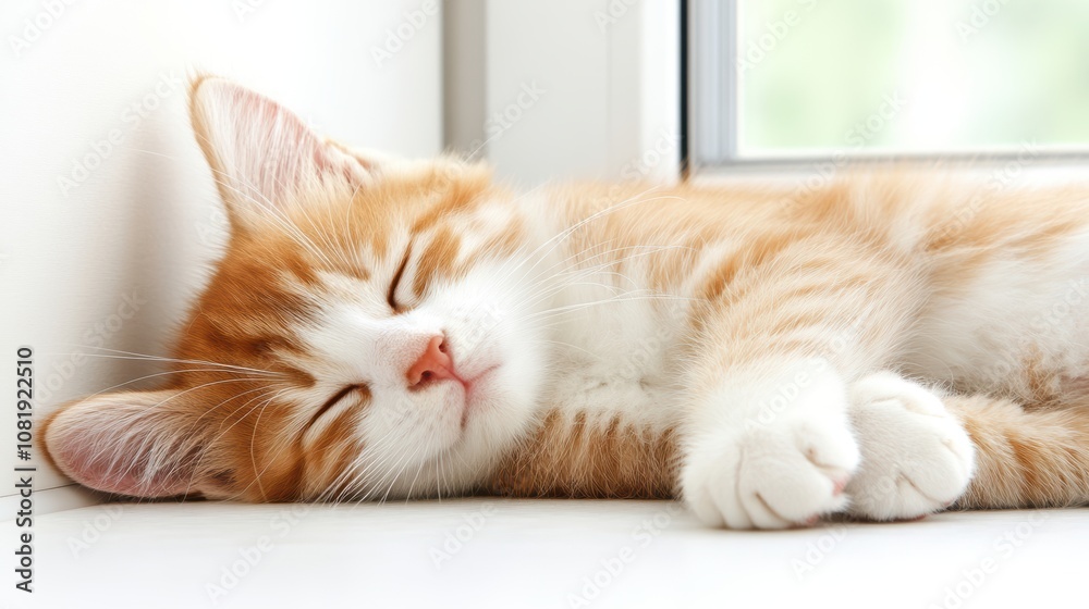A peaceful orange tabby cat sleeps on a sunny windowsill, showcasing its soft fur and relaxed demeanor, This image can be used for pet-related content, blogs, or wellness themes, A peaceful orange tabby cat sleeps on a sunny windowsill, showcasing its soft fur and relaxed demeanor, This image can be used for pet-related content, blogs, or wellness themes,