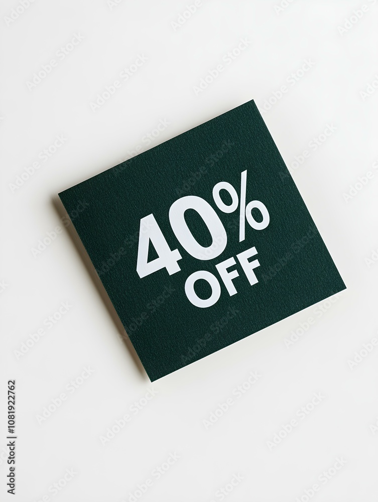 White '40% OFF' Text on a Dark Green Square Paper Note. White Background White '40% OFF' Text on a Dark Green Square Paper Note. White Background