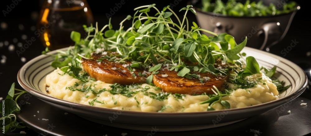 Mashed Potatoes with Grilled Fish and Microgreens