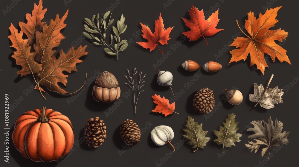 Fototapeta premium Autumn Leaves and Forest Treasures: A Fall Illustration