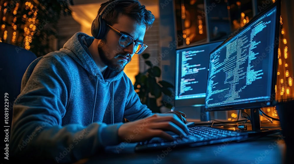 A focused Caucasian male programmer wearing glasses and headphones, working late at night in a tech-filled environment. A focused Caucasian male programmer wearing glasses and headphones, working late at night in a tech-filled environment.