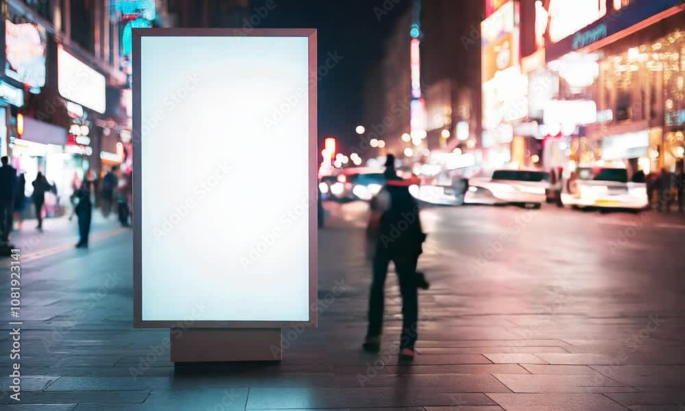 Illuminated Blank Billboard in Bustling Urban Night Scene for Advertisements : Generative AI Illuminated Blank Billboard in Bustling Urban Night Scene for Advertisements : Generative AI