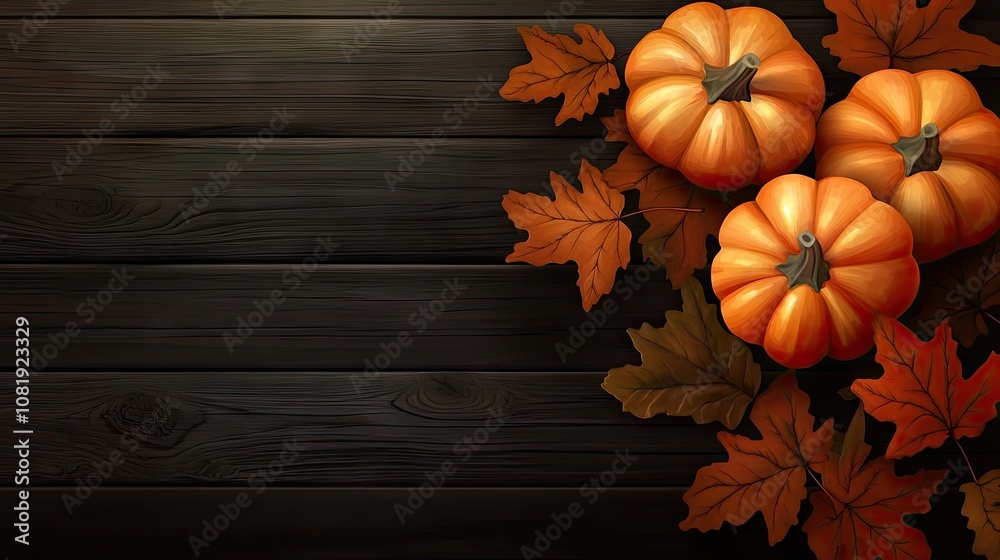 Autumn still life featuring vibrant orange pumpkins and colorful fall leaves on a dark wooden surface. Autumn still life featuring vibrant orange pumpkins and colorful fall leaves on a dark wooden surface.