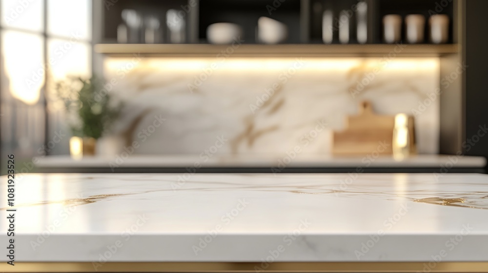 Close-up of a white marble countertop with a gold trim in a modern kitchen setting. Close-up of a white marble countertop with a gold trim in a modern kitchen setting.