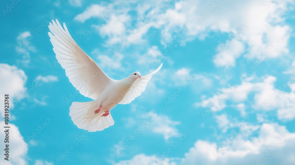 A white dove in flight against a bright blue sky with fluffy clouds. A white dove in flight against a bright blue sky with fluffy clouds.