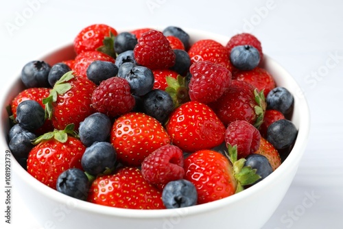 Different fresh ripe berries in bowl on the table, top view