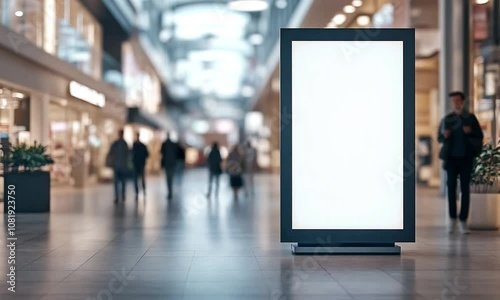 Modern Shopping Mall with Blank Digital Billboard for Advertising in Busy Walkway : Generative AI