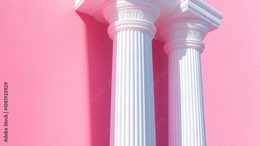 Two white classical columns against a pink wall. Two white classical columns against a pink wall.