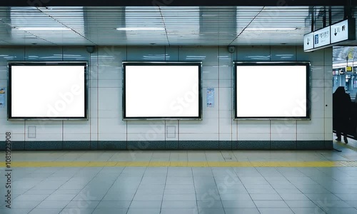 Modern urban subway station with illuminated billboards and silhouettes of people walking past : Generative AI