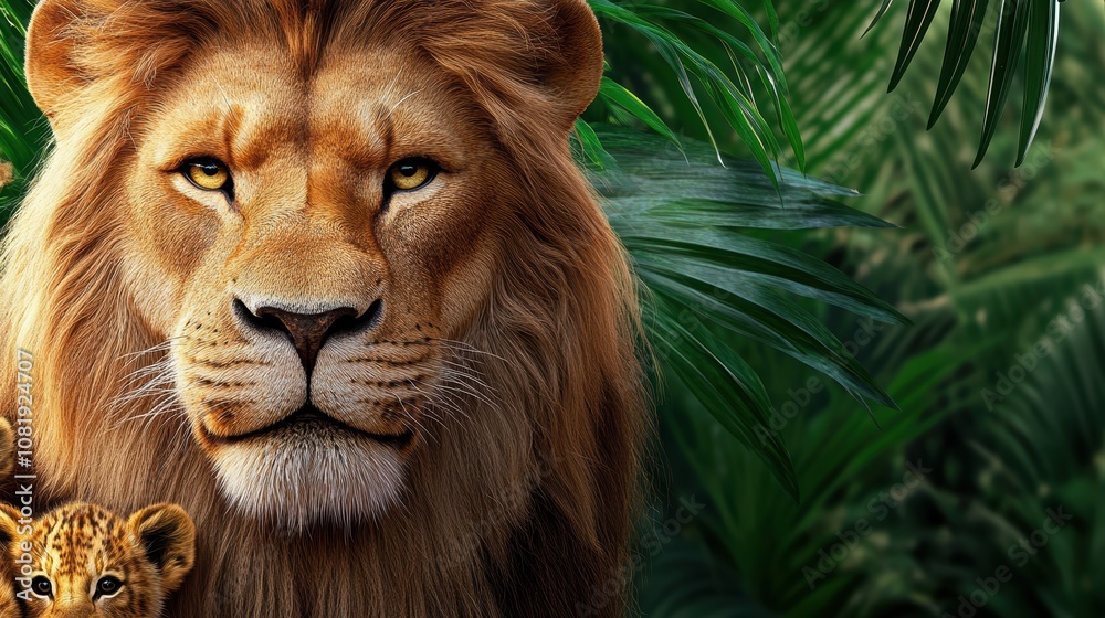 Fototapeta premium Majestic African Lion and Cub in Lush Tropical Jungle