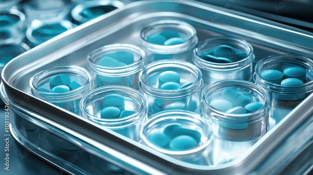 Modern Pharmacy Display of Blue Pills in Jars Modern Pharmacy Display of Blue Pills in Jars