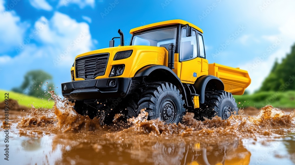 Yellow Dumper Truck Splashing Through Mud Off Road Vehicle Construction Agriculture Heavy Machinery Yellow Dumper Truck Splashing Through Mud Off Road Vehicle Construction Agriculture Heavy Machinery