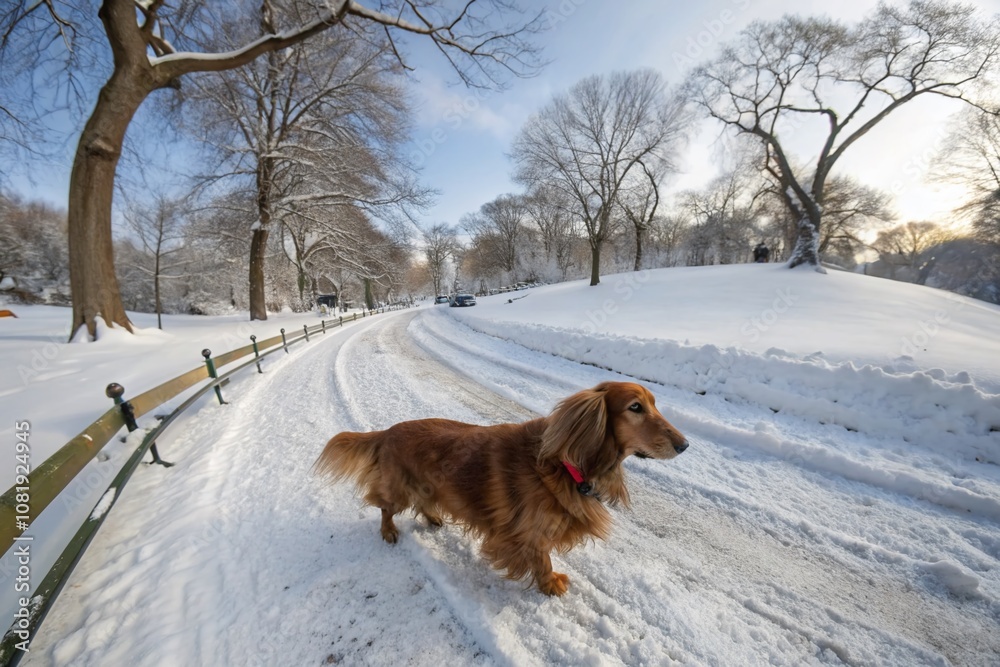 Red Longhaired Dachshund Braving the Winter Chill on a Scenic Road Surrounded by Snowy Landscapes, Captured in Panoramic Photography for Pet Lovers and Nature Enthusiasts Red Longhaired Dachshund Braving the Winter Chill on a Scenic Road Surrounded by Snowy Landscapes, Captured in Panoramic Photography for Pet Lovers and Nature Enthusiasts