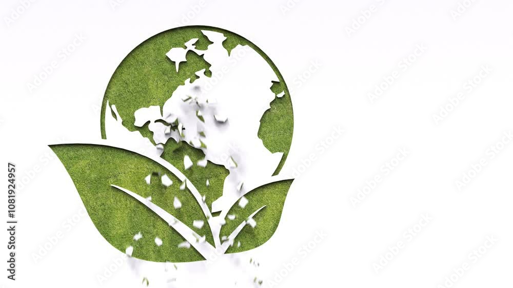 Green earth ecology symbol revealing by collapsing wall. Eco green earth icon on white background for recycling, ecology, environment protect, renewable reuse promotion. Green earth ecology symbol revealing by collapsing wall. Eco green earth icon on white background for recycling, ecology, environment protect, renewable reuse promotion.