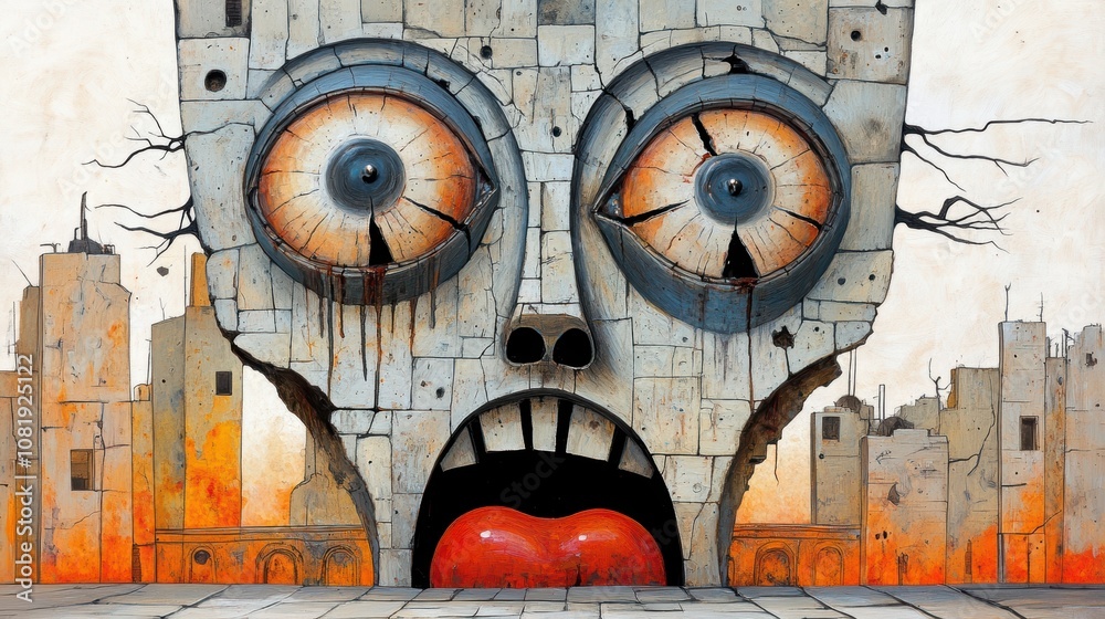 Surreal Stone Face Cityscape Apocalyptic Art Distressed Texture Surreal Stone Face Cityscape Apocalyptic Art Distressed Texture