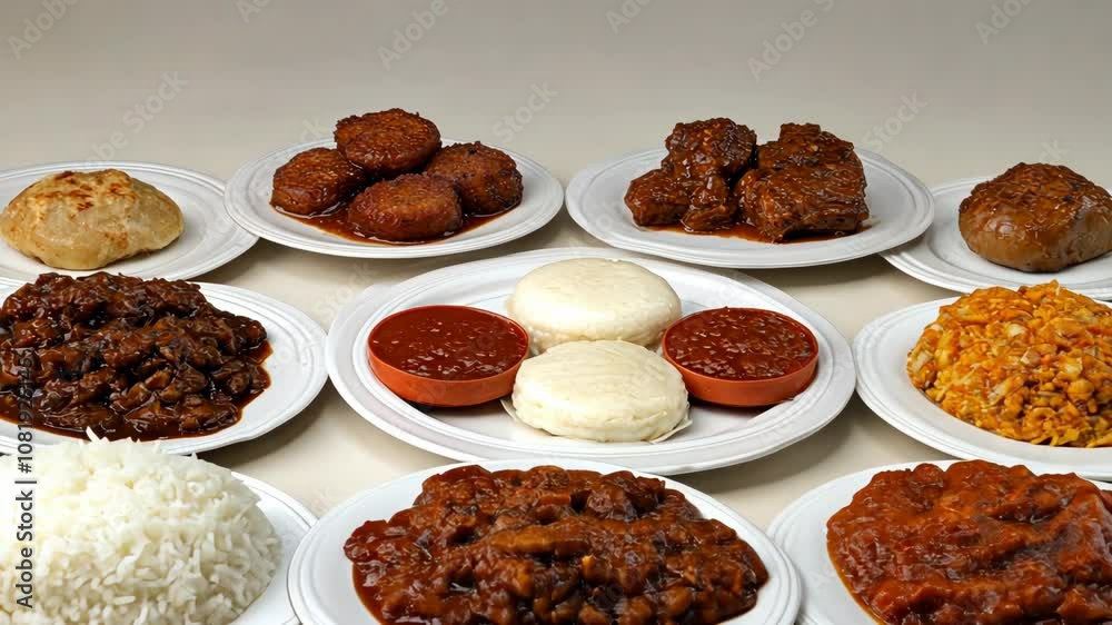 A variety of Nigerian dishes, including fufu, egusi soup, and fried plantains, are laid out on white plates A variety of Nigerian dishes, including fufu, egusi soup, and fried plantains, are laid out on white plates