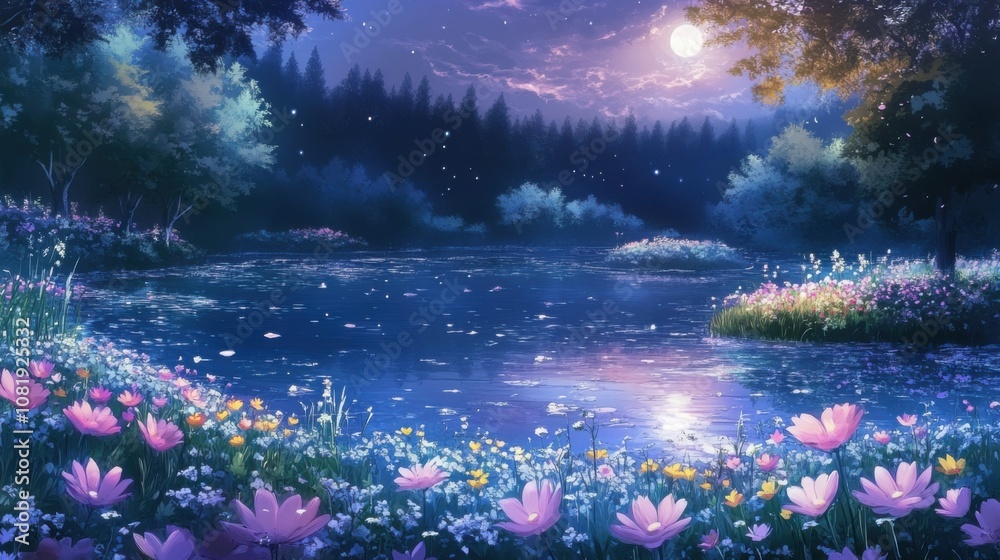 Moonlit Enchantment: A Tranquil Anime Landscape Moonlit Enchantment: A Tranquil Anime Landscape