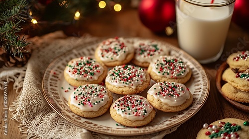 Freshly Baked Christmas Cookies Decorated with Icing and Sprinkles on a Table with a Glass of Milk