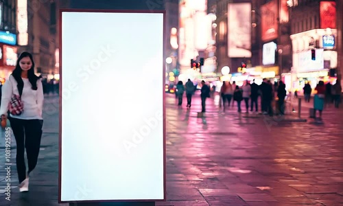 Silent Night in Urban City with Illuminated Empty Billboard and Blurred Passersby : Generative AI