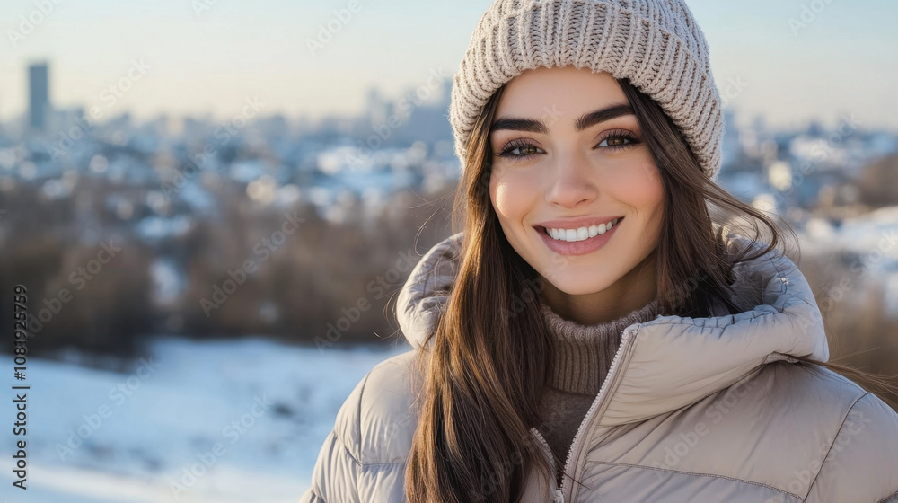 smiling woman in knitted hat and winter coat stands against snowy city backdrop, radiating warmth and joy. Her cheerful expression complements serene winter landscape smiling woman in knitted hat and winter coat stands against snowy city backdrop, radiating warmth and joy. Her cheerful expression complements serene winter landscape