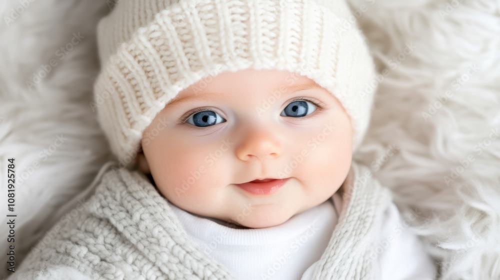 A close-up of a smiling baby with bright blue eyes, wearing a cozy cream-colored hat and wrapped in a soft blanket, perfect for baby-related content, parenting articles, or advertisements, A close-up of a smiling baby with bright blue eyes, wearing a cozy cream-colored hat and wrapped in a soft blanket, perfect for baby-related content, parenting articles, or advertisements,