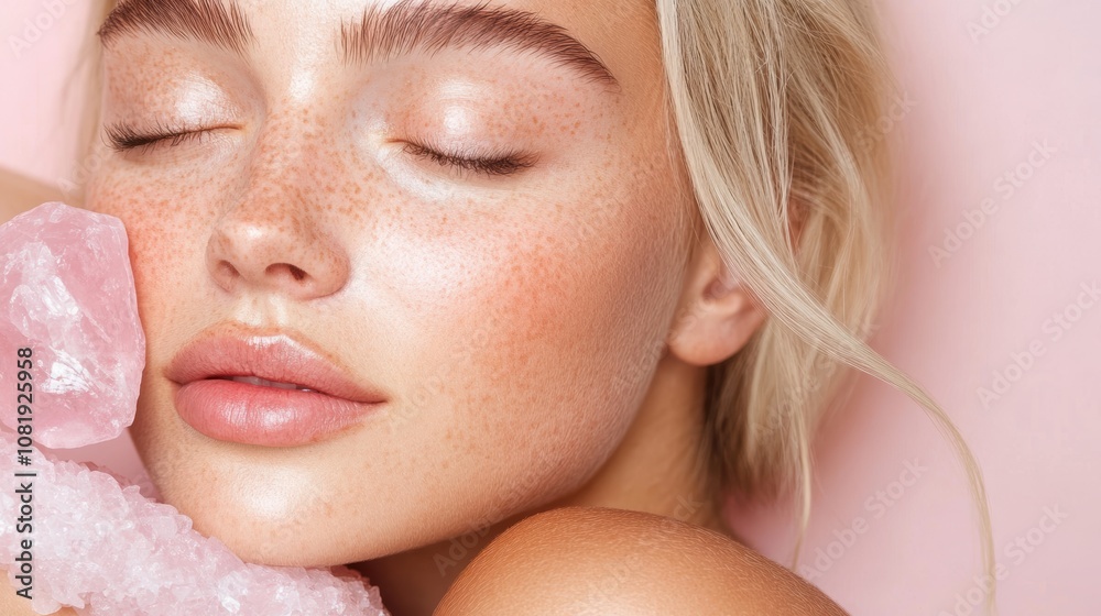 A close-up shot of a woman's face with radiant skin and freckles, gently touching pink crystals against her cheek, ideal for beauty, skincare, and wellness marketing campaigns, A close-up shot of a woman's face with radiant skin and freckles, gently touching pink crystals against her cheek, ideal for beauty, skincare, and wellness marketing campaigns,