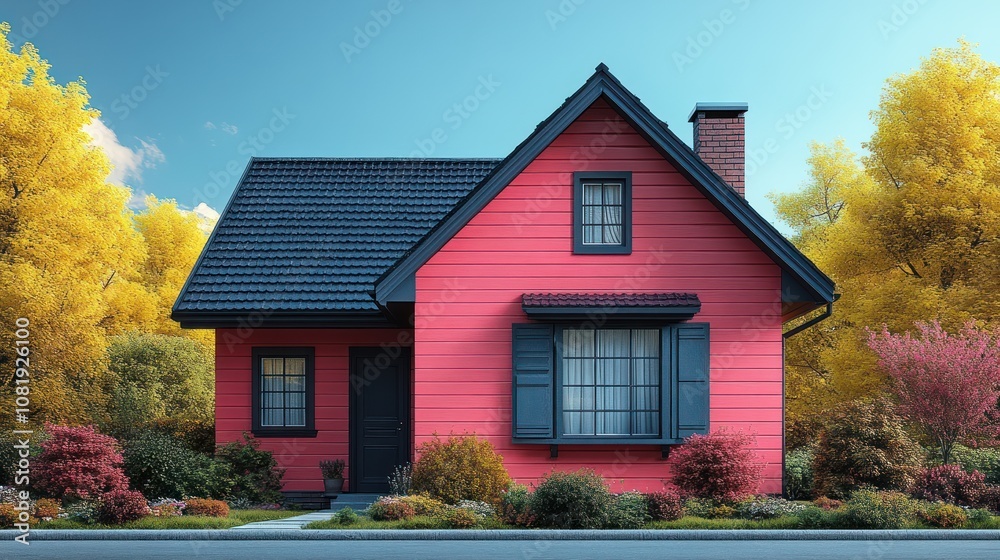 A vibrant pink house surrounded by colorful trees and shrubs. A vibrant pink house surrounded by colorful trees and shrubs.
