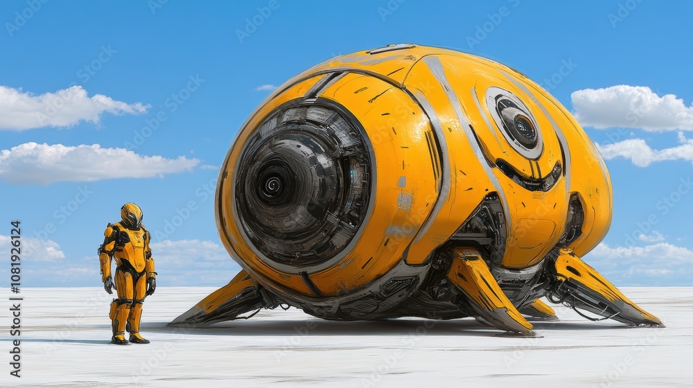 Futuristic Robot Yellow Spaceship on Desert Landscape Futuristic Robot Yellow Spaceship on Desert Landscape