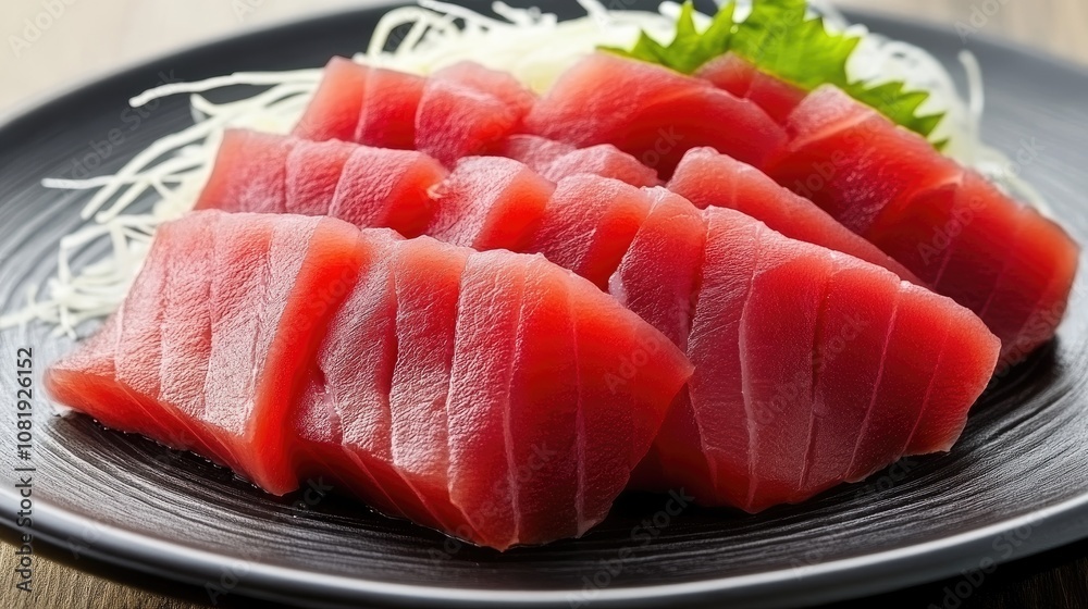 Freshly Sliced Tuna on a Black Plate Accompanied by Shredded Radish and Garnished with Green Leaf, Capturing the Essence of Japanese Culinary Art Freshly Sliced Tuna on a Black Plate Accompanied by Shredded Radish and Garnished with Green Leaf, Capturing the Essence of Japanese Culinary Art