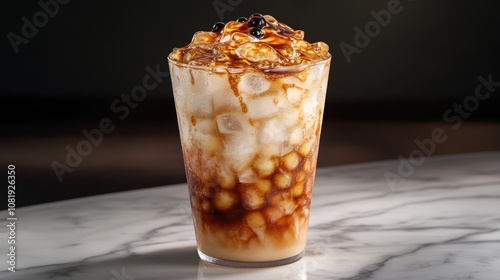 Wallpaper Mural Refreshing and Delicious Dessert Beverage with Ice, Topped with Tapioca Pearls and Caramel Syrup in a Clear Glass on Marble Table Torontodigital.ca
