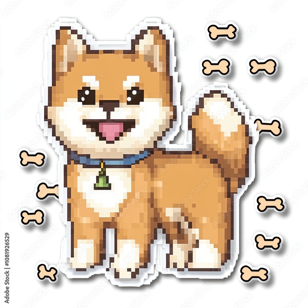 Pixelated Shiba Inu Dog with Surrounding Bones Pixelated Shiba Inu Dog with Surrounding Bones