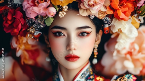 A woman with traditional Chinese makeup and a floral crown, looking directly at the camera.