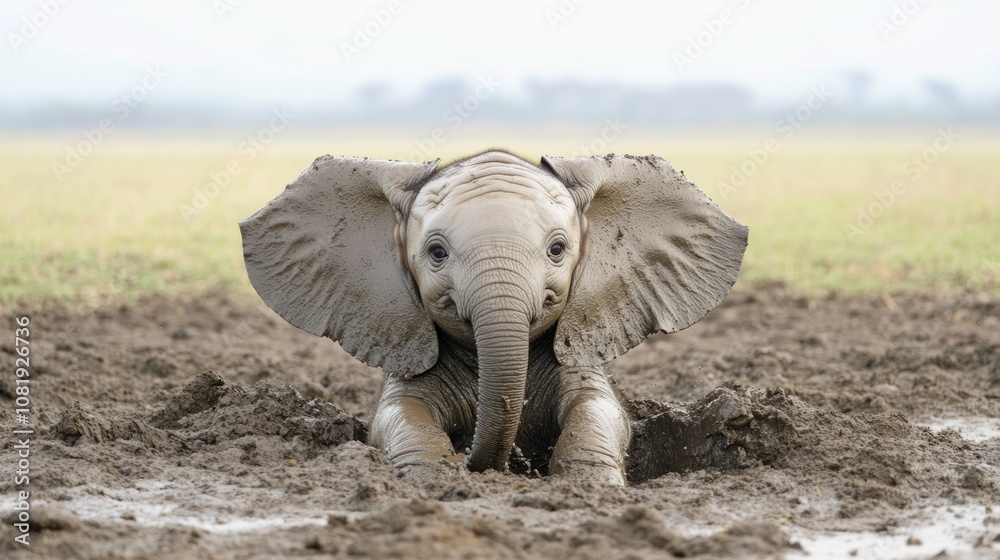 Fototapeta premium Mud-Covered Baby Elephant Emerging From Dirt